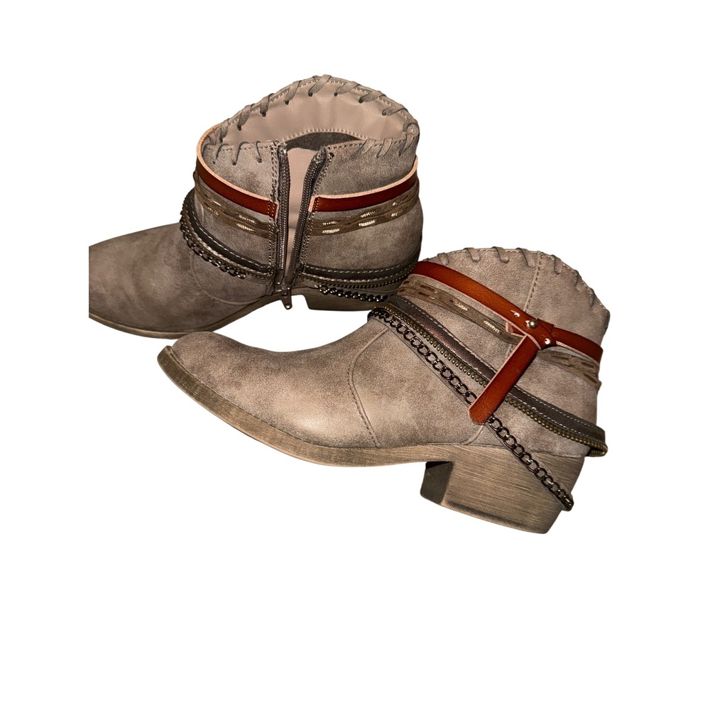 Maurices Taupe Faux Suede Ankle Boots Multi-Strap Chain Detail Boho Booties 8M